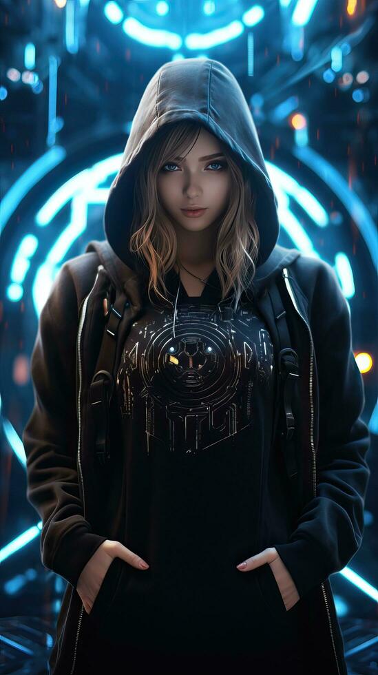 Young girl wearing black hoodie with cyberpunk style. Generative AI photo