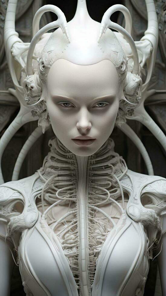 Beautiful white alien female robot, UFO. Generative AI photo