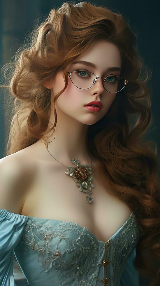 Beautiful princess wearing glasses with medieval dress. Generative AI photo