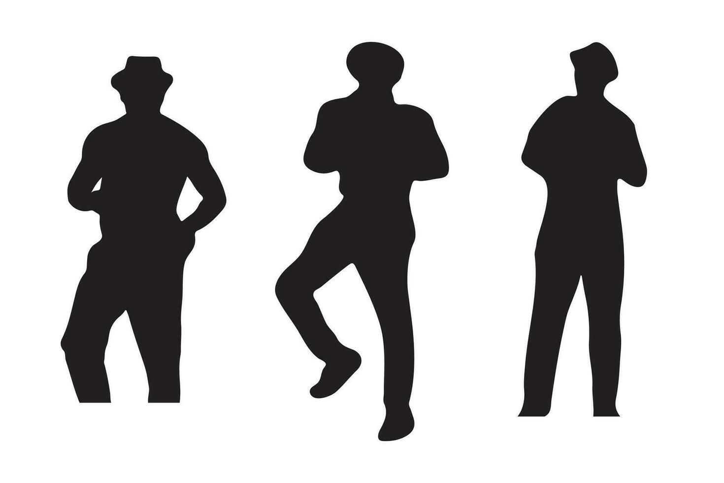 Vector silhouettes of men, a group of model standing and walking , dancing people, black color isolated on white background