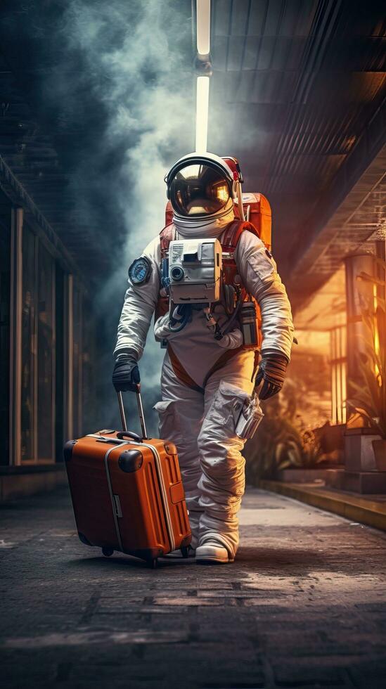 Astronauts travel with luggage. Generative AI photo