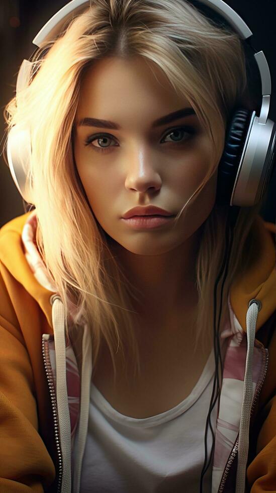 Beautiful girl wearing headset. Generative AI photo