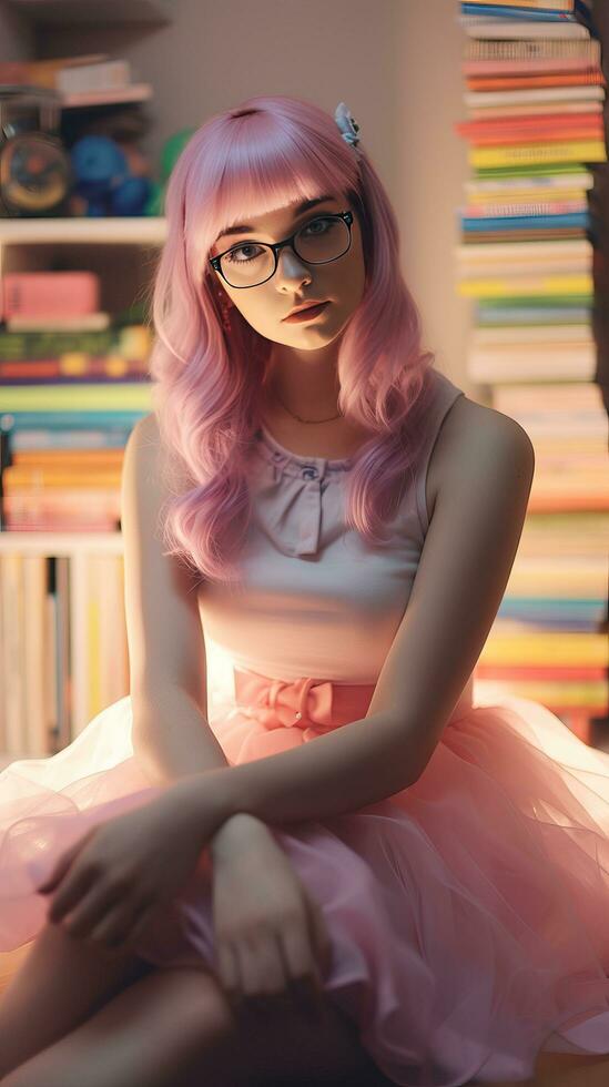 Beautiful girl with pink hair. Generative AI photo
