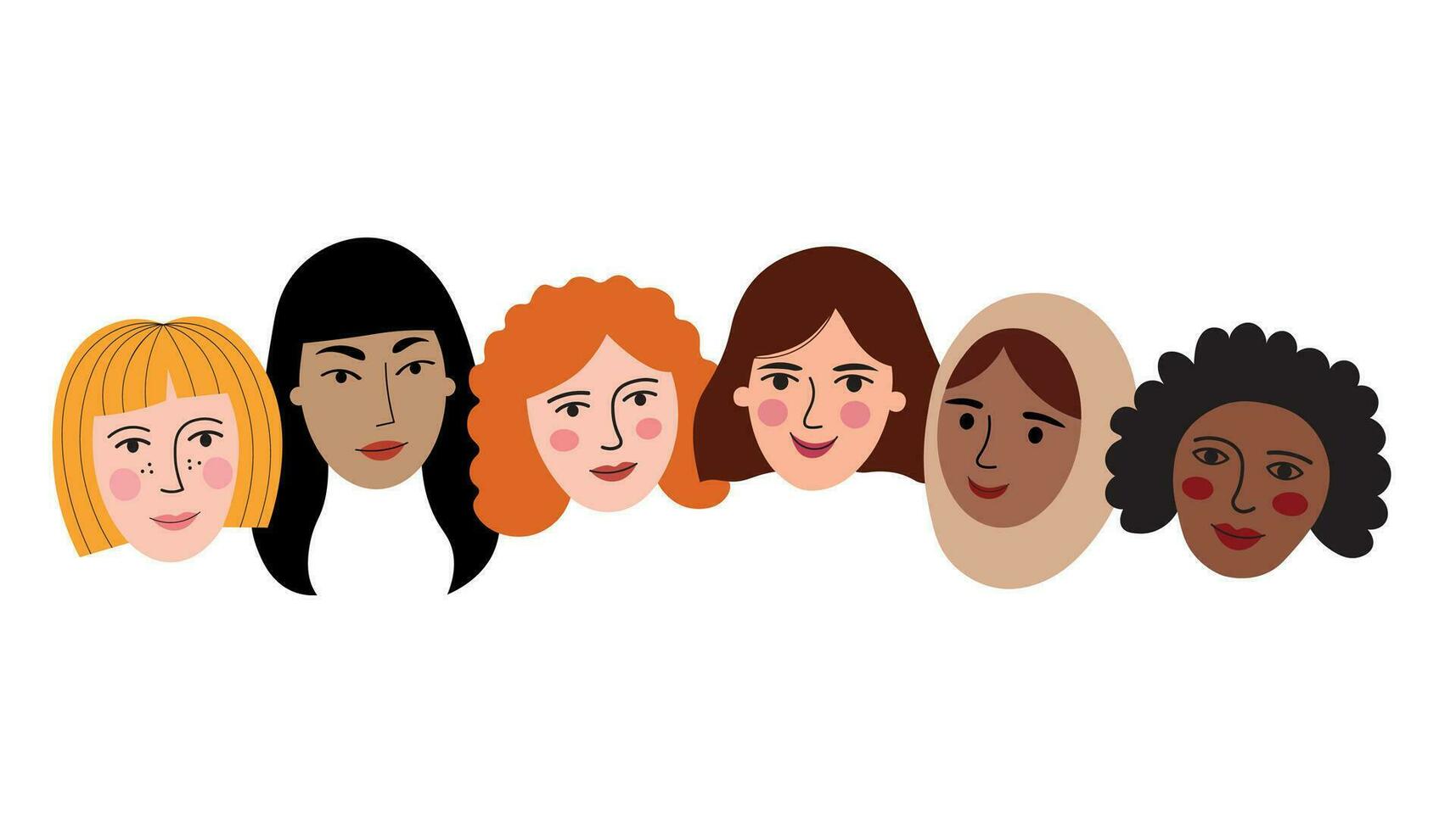 Women's faces with different skin colors multiethnic women group flat vector illustration isolated background. Solidarity, feminism, harmony coexistence, feminine communities. For card, poster, design