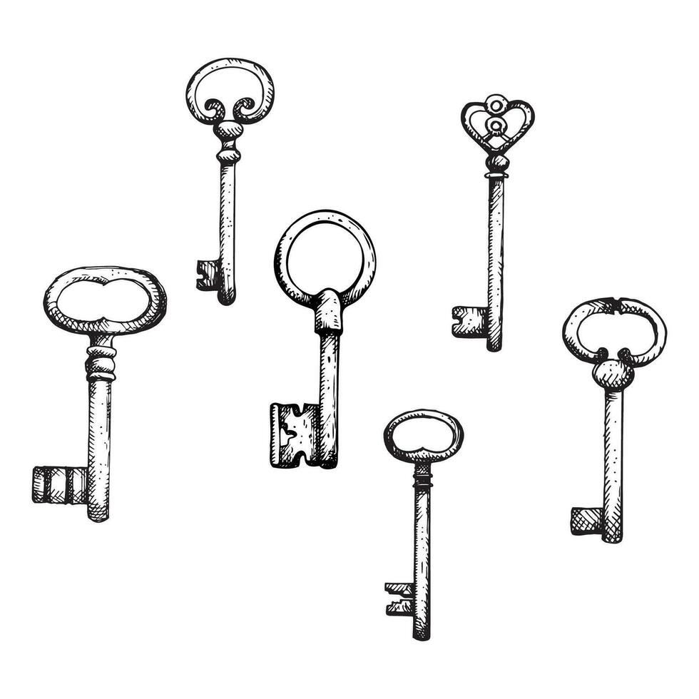 Ancient keys hand drawn vector illustration. Set with metal key vintage style sketch isolated on white background for design, tattoo, card, print, logo. Accessories, mystical symbol