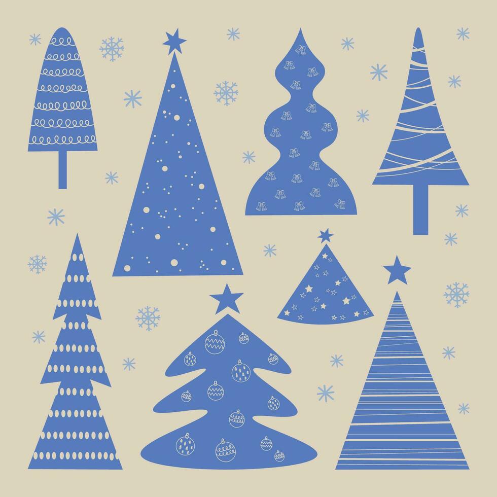 Christmas trees with toys and snowflakes hand drawn vector illustration. Set with different decorative winter trees for congratulations on winter holidays, cards, prints, posters, packaging, design