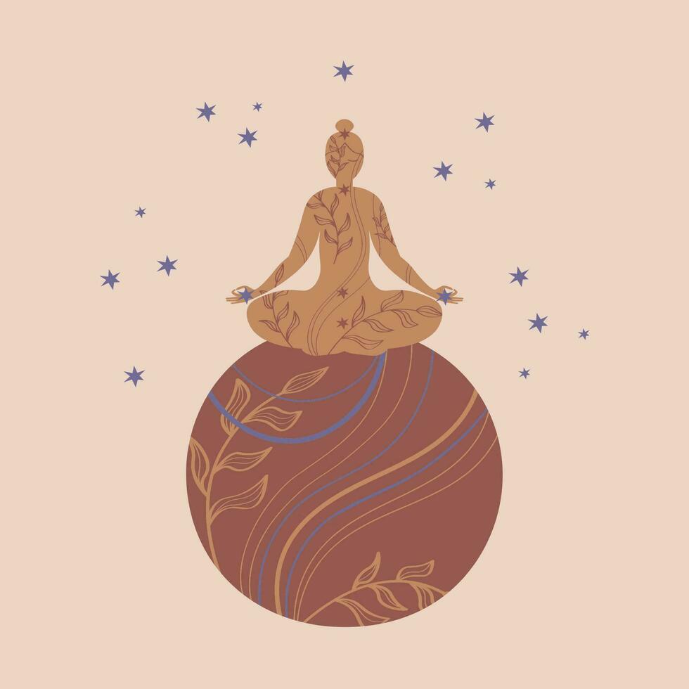 Silhouette Yoga meditating character with sky vector illustration. Human connection with moon, nature, ritual practices, International Yoga Day template, poster, card, print, logo design Boho style