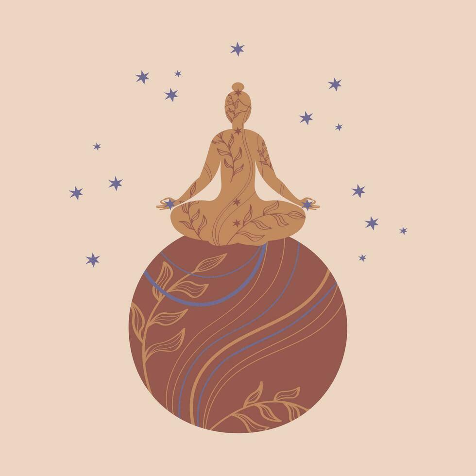 silueta yoga meditando personaje con cielo vector ilustración. humano conexión con luna, naturaleza, ritual prácticas, internacional yoga día plantilla, póster, tarjeta, imprimir, logo diseño boho estilo