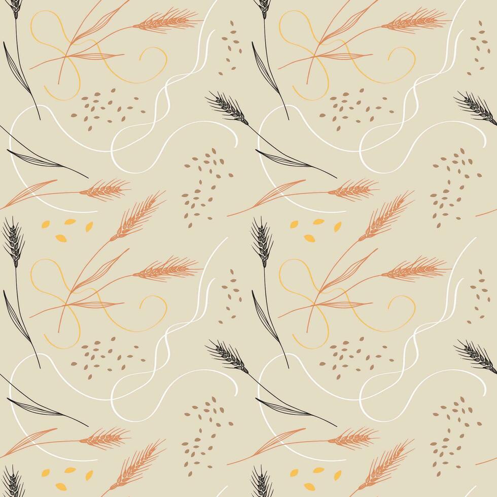 Ears of wheat and grain seamless repeating pattern abstract repeating vector background. Floral ornament with dried whole grains, ear of spelled, corn. Cereal harvest, agriculture. Hand drawn