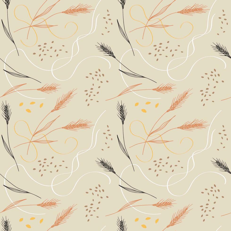 Ears of wheat and grain seamless repeating pattern abstract repeating vector background. Floral ornament with dried whole grains, ear of spelled, corn. Cereal harvest, agriculture. Hand drawn