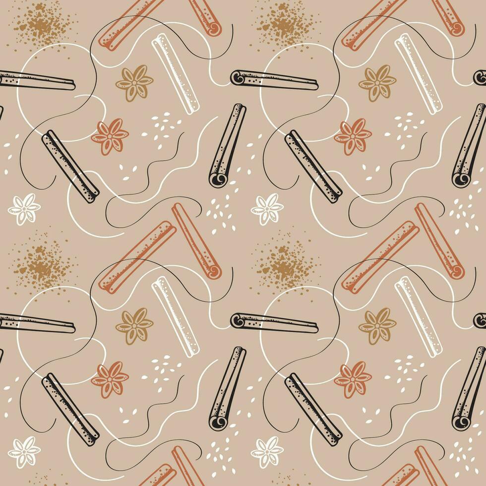 Cinnamon sticks bark seamless pattern. Hand drawn brown spice on decorative ornament. Rolled cinnamons spicy seasoning condiment. Aromatic ingredient for cooking, backing. Backdrop vector illustration