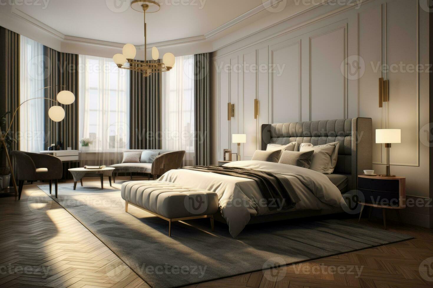 Modern interior design, kitchen and bright, spacious room with a  comfortable sofa, plants and elegant accessories, black walls, parquet  floor. Generative AI 28297716 Stock Photo at Vecteezy