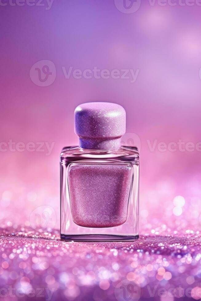 Ai Generative Photo of a purple nail polish bottle on purple glitter background