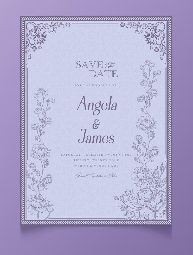 Purple hand-drawn floral wedding invitation template. vector