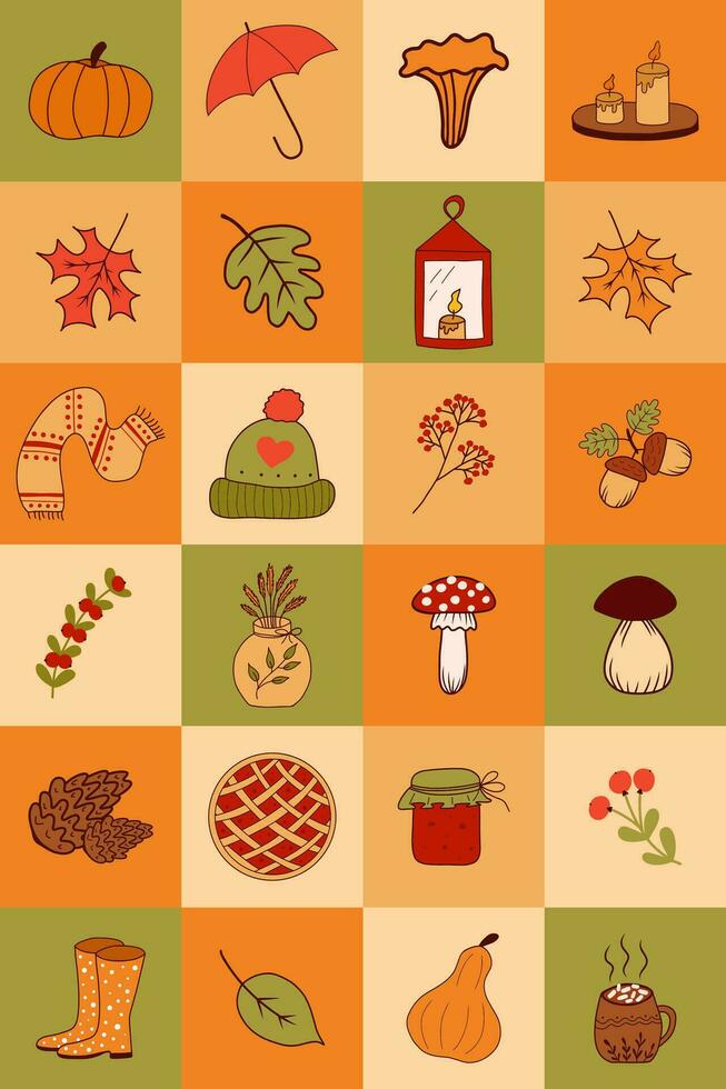 Autumn set with different cards with different pictures. decoration, card, memorial game for kids. Vector. vector