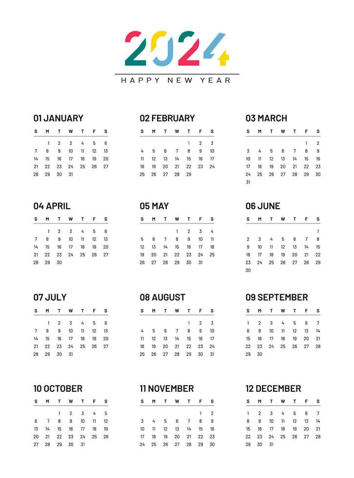 Calendar 2024, week starts on Sunday, on white background, template, vector. vector