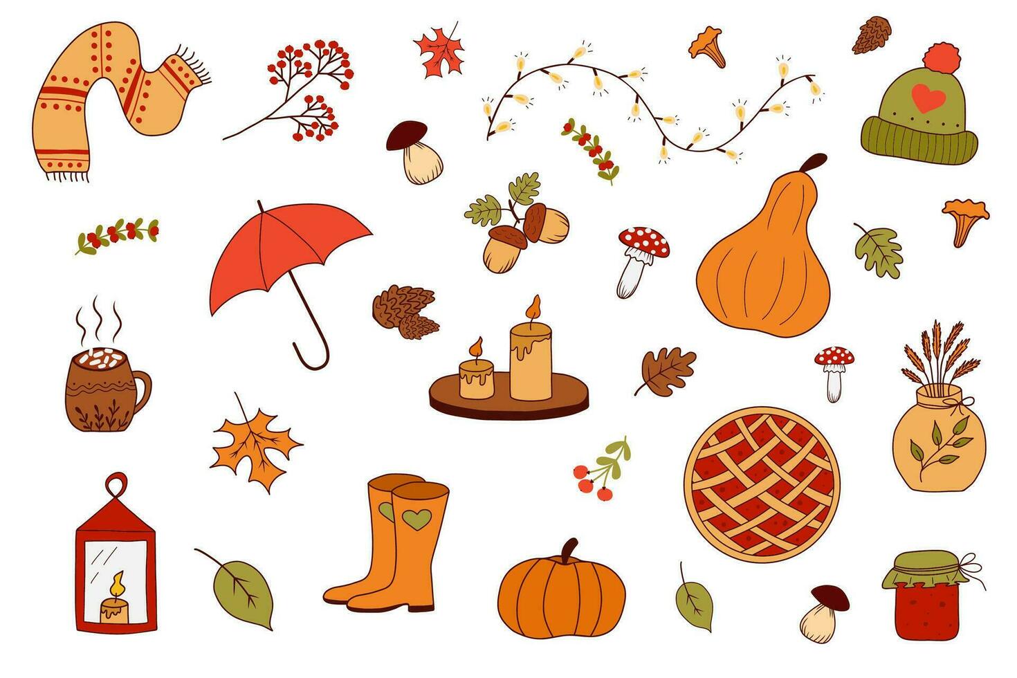 Cozy vector set of autumn icons pumpkin, falling leaves, berries, acorns, candles, umbrella, rubber boots. Collection of fall elements for scrapbooking. Bright background for harvest time.