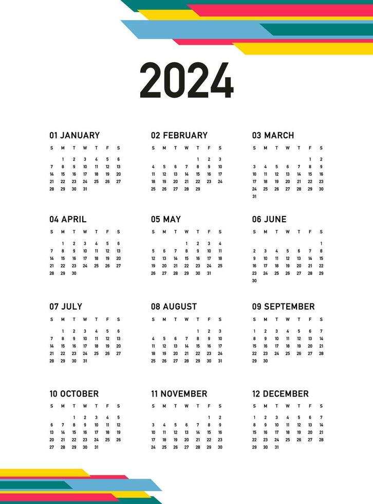 Calendar 2024, week starts on Sunday, new year 2024, on white background with color decoration, template, vector. vector