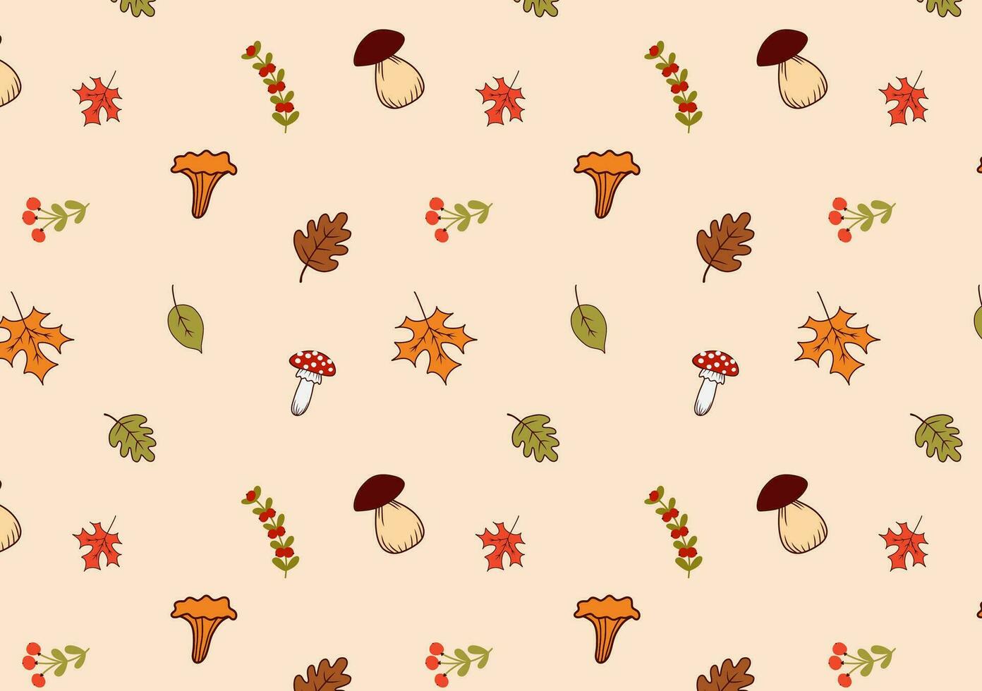 Autumn pattern with mushrooms, maple and oak leaves, cranberries and cranberries. Vector. vector