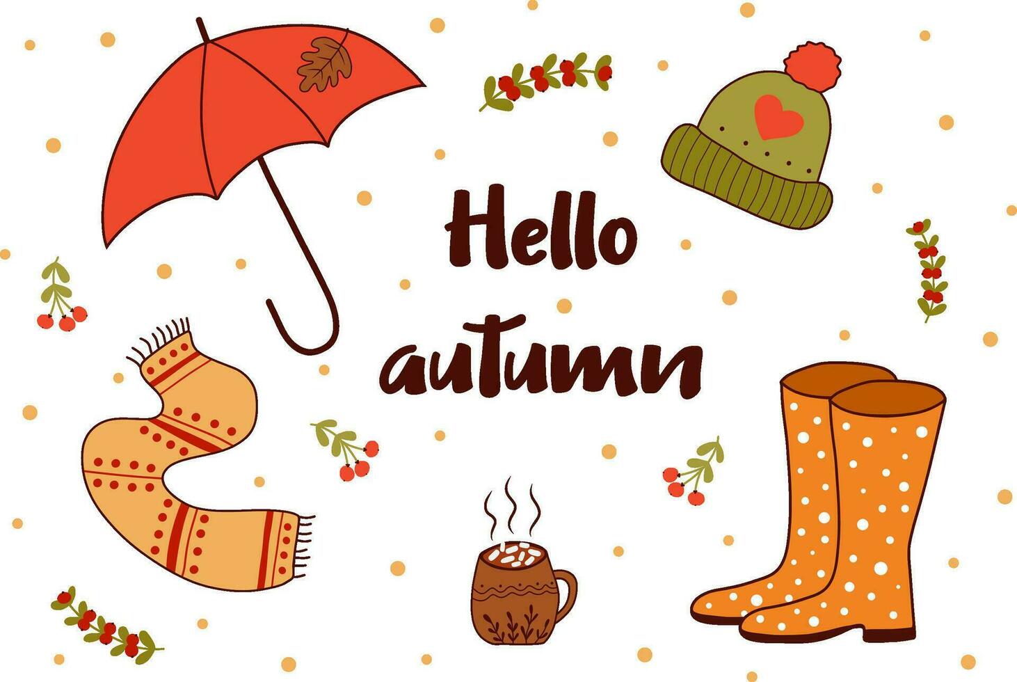 cozy autumn set with an umbrella, with rubber boots, scarf and hat, a cup of cocoa with marshmallows. Featuring the words hello fall. Vector. vector