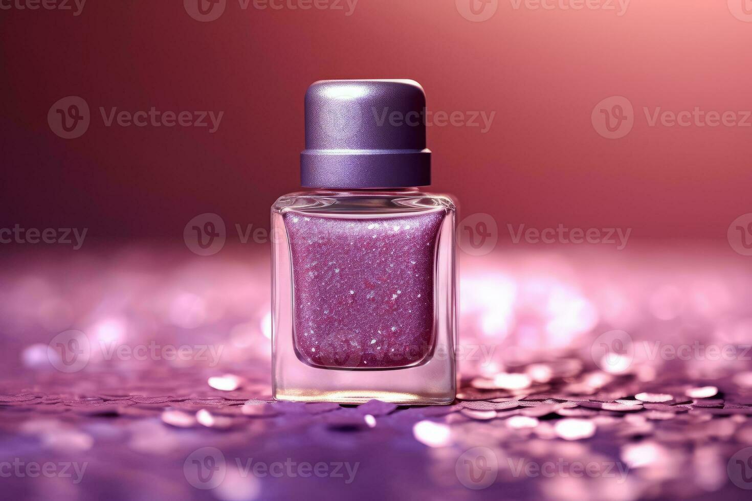 Ai Generative Photo of a purple nail polish bottle on purple glitter background