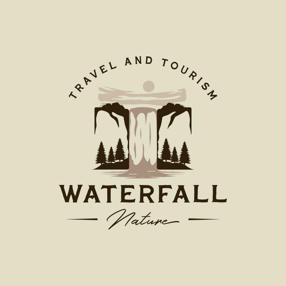 waterfall logo vector vintage illustration template icon graphic design. explore the nature sign or symbol for travel or design print for shirt with retro typography style concept