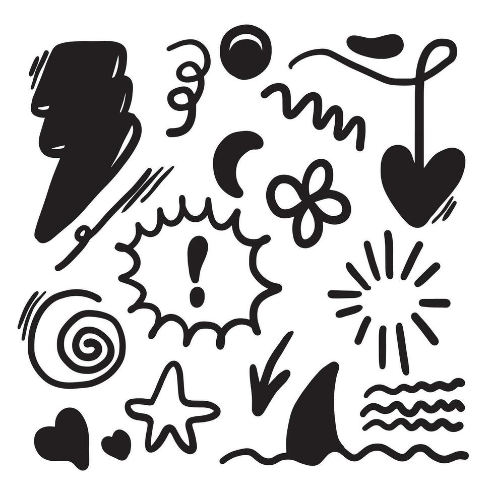 Hand drawn doodle design elements. thunderbolt, Arrow, heart, light, star and other, vector