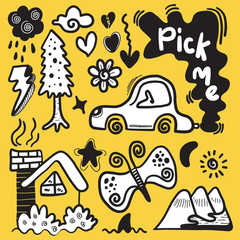 Hand drawn doodle design elements. cloud, Arrow, heart, car, hill, home and other. vector