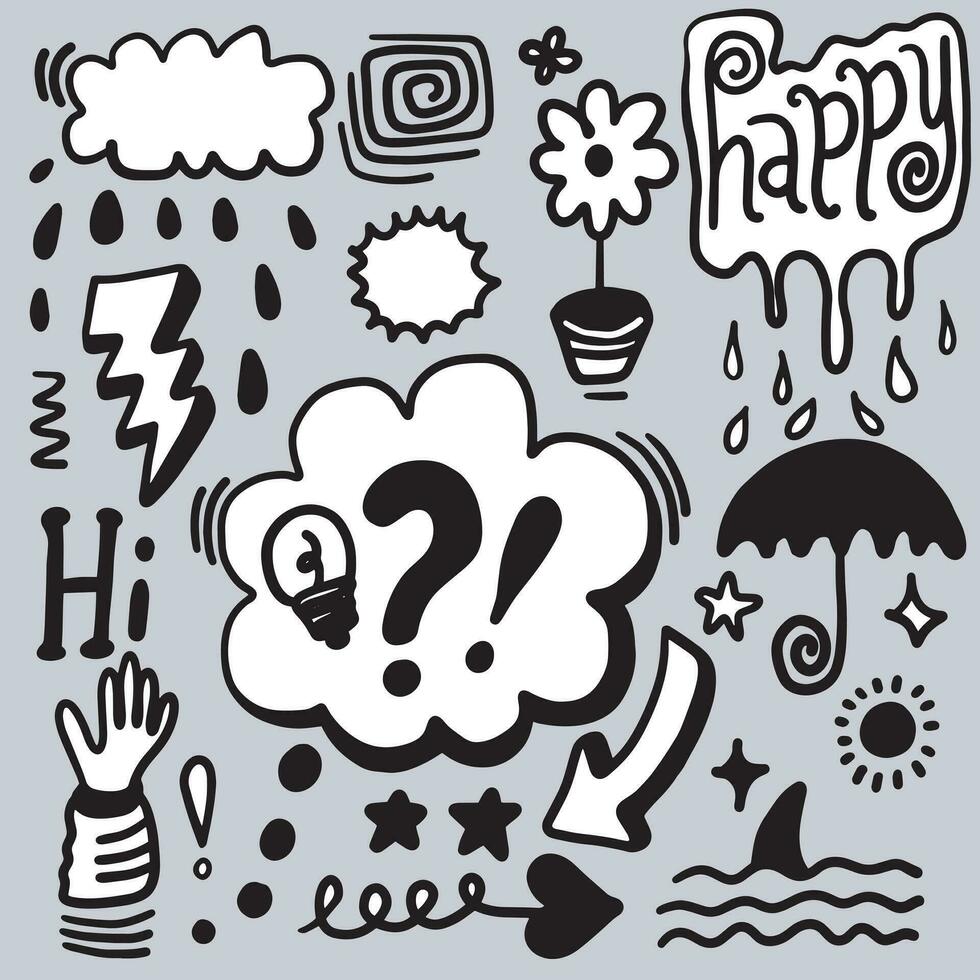 Hand drawn doodle design elements. cloud, Arrow, heart, flower, thunderbolt and other. vector