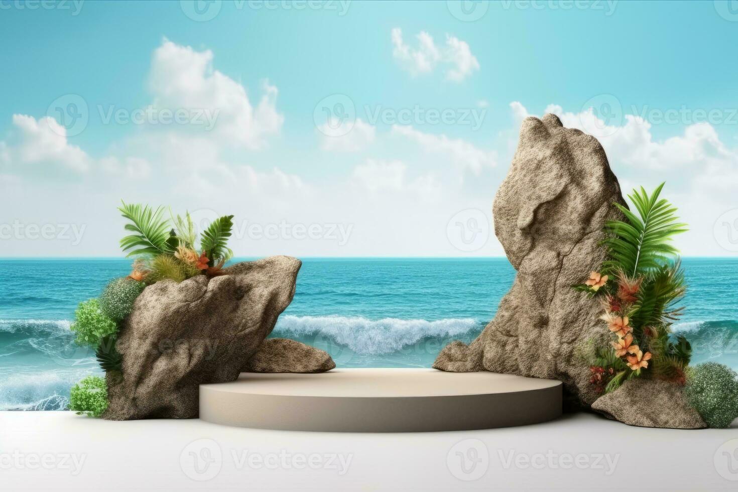 Ai Generative Photo of a podium on the beach for product presentation