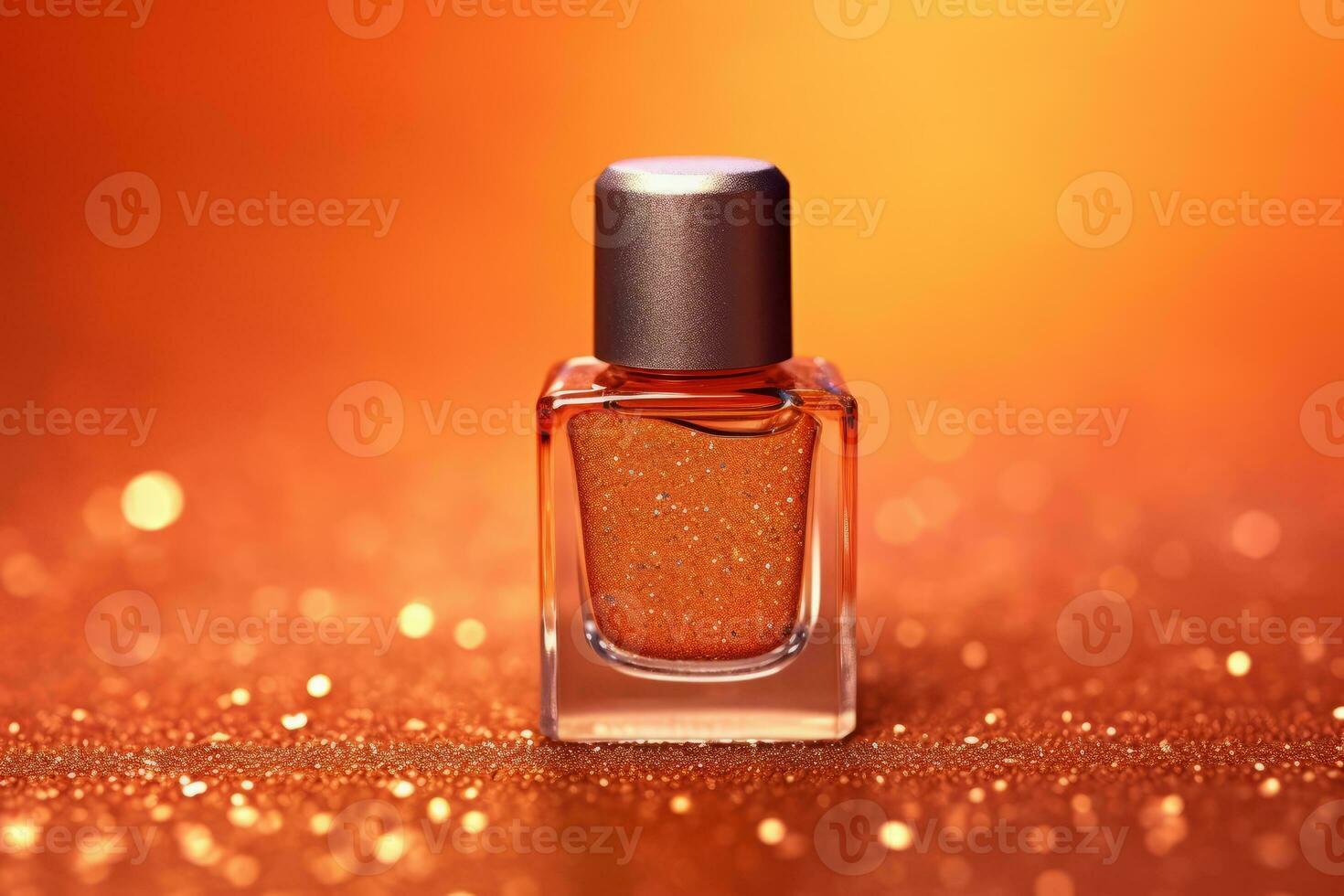 Ai Generative Photo of a orange nail polish bottle on orange glitter background