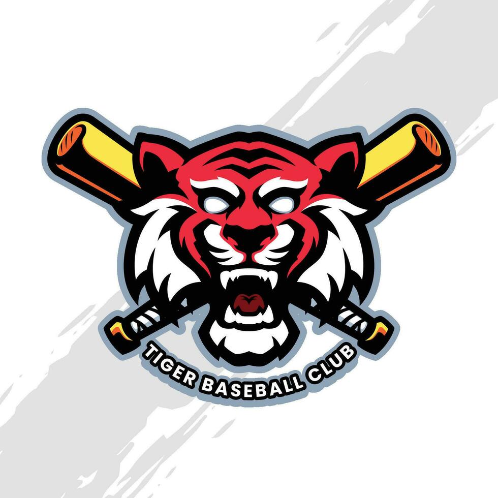 Digital Illustration of Tiger Head Logo Mascot with Two Crossed Bats vector