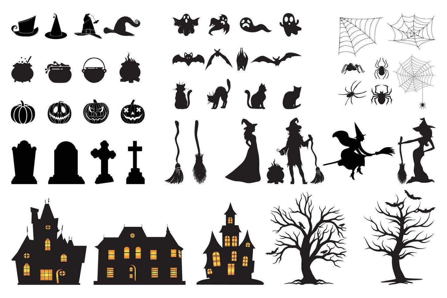 Spooky Halloween silhouette elements isolated on white background vector