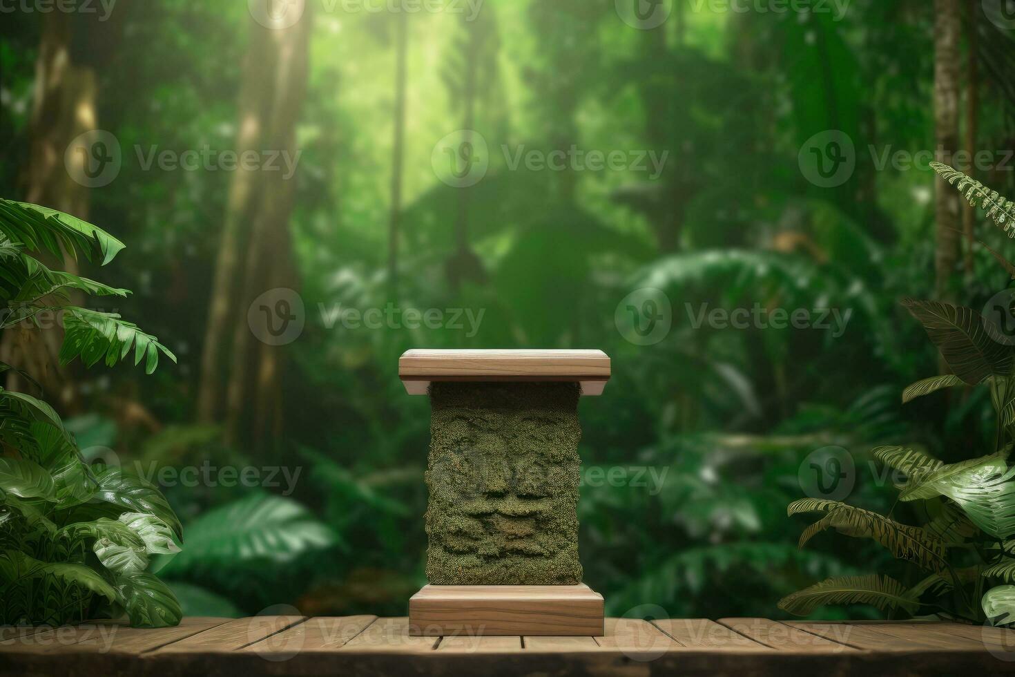 Ai Generative Photo of a wooden table in forest for product presentation