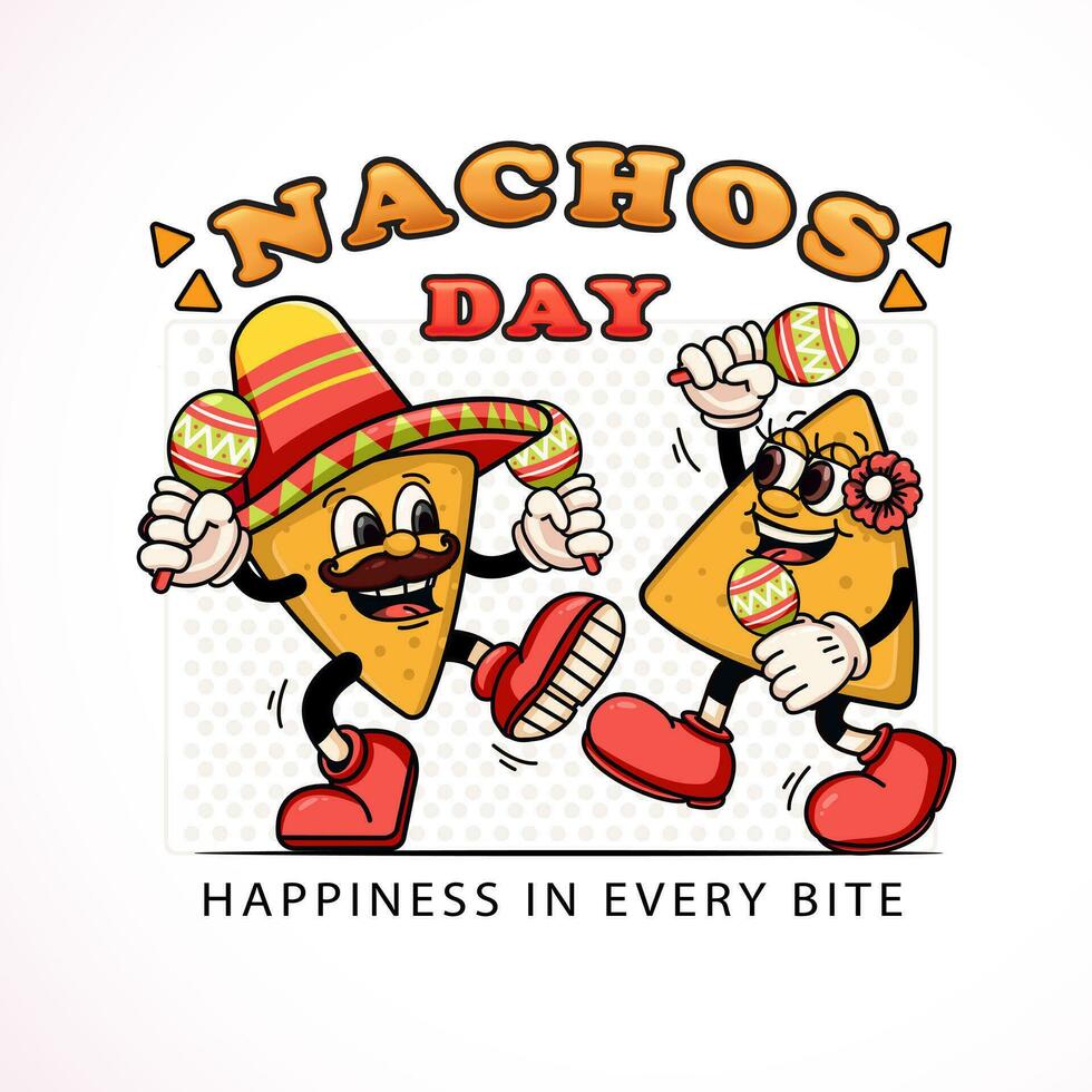 nachos día, un par de nachos bailando mientras participación macaras. adecuado para logotipos, mascotas, camisetas, pegatinas y carteles vector