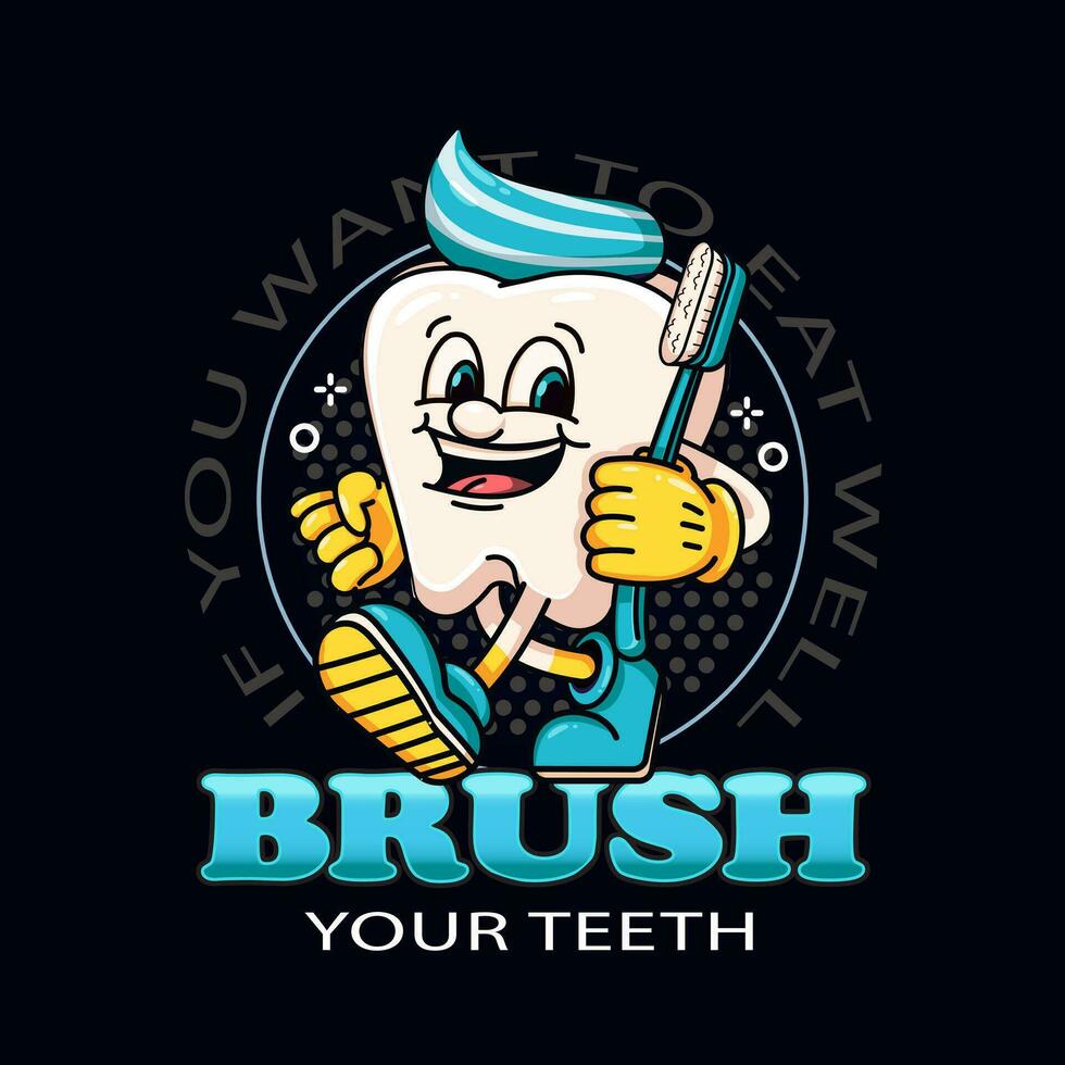 Brush your teeth, a paste-haired tooth cartoon mascot carrying a toothbrush. Suitable for logos, mascots, t-shirts, stickers and posters vector