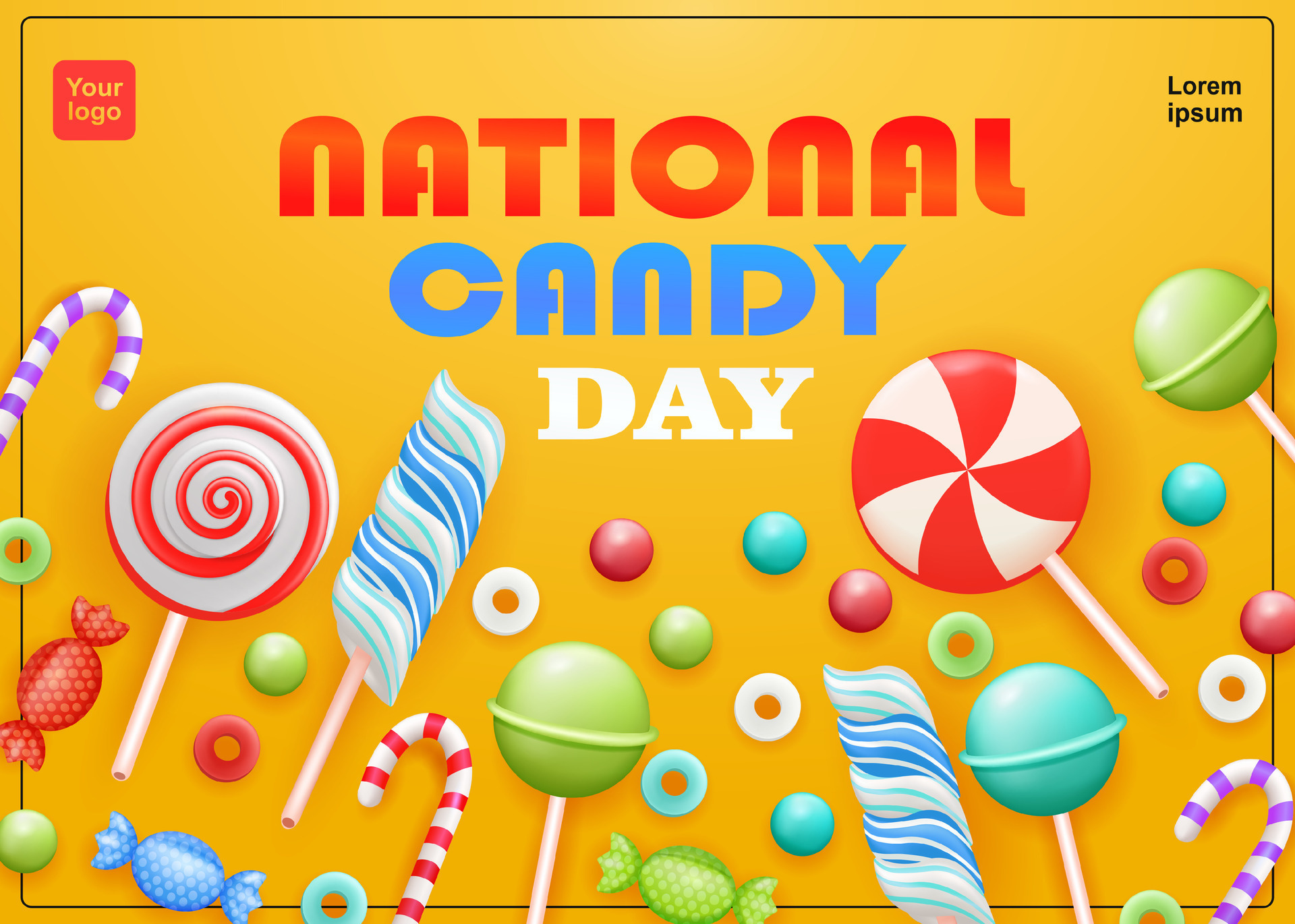 Happy National Candy Day Vector. Different types of candy. 3d vector of
