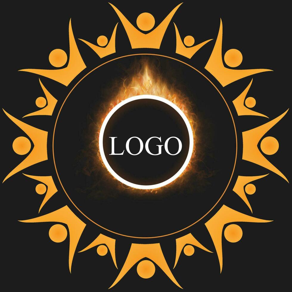 flame frame logo, circle shape, human hand, realistic burning fire vector. Circle Border logo vector