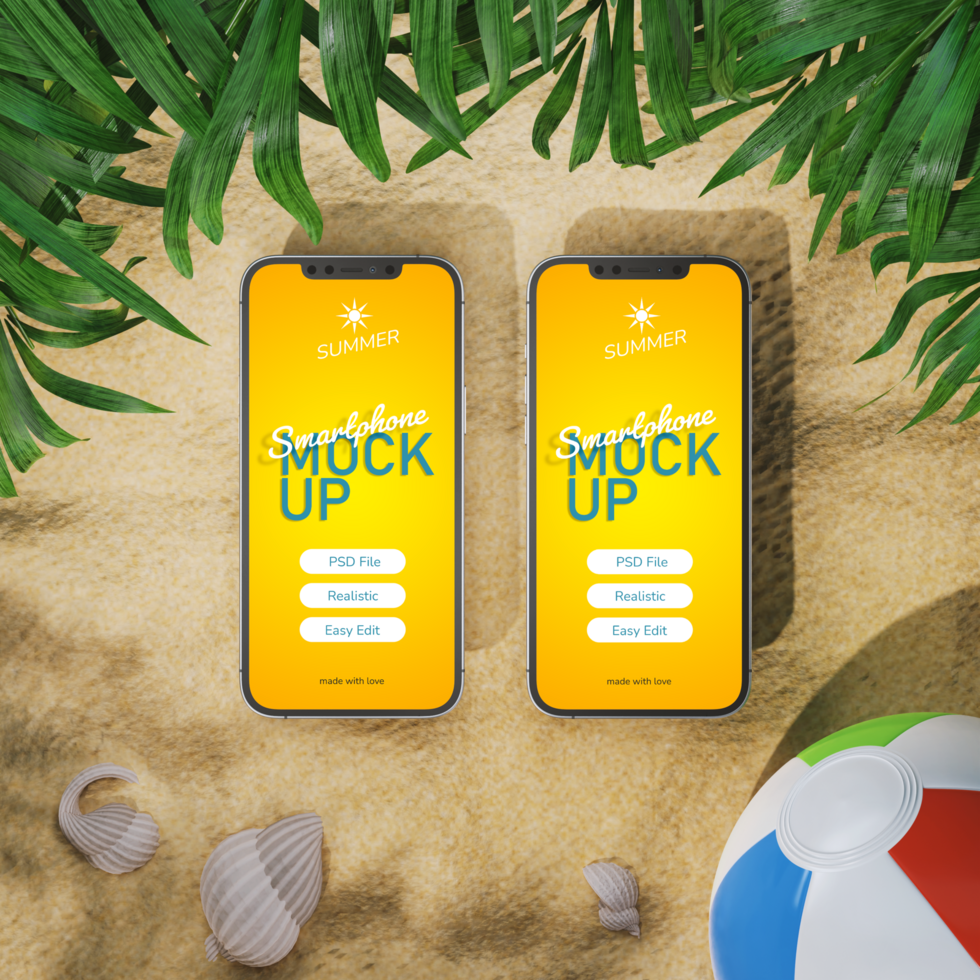 realistico modello di Due smartphone schermo su spiaggia con palla nel soleggiato estate vacanza tema scena superiore Visualizza psd