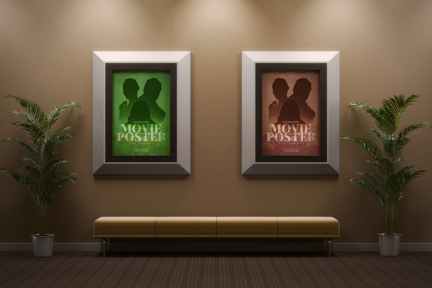 cinema film movie poster 27 x 40 inch size with frame hanging in wall realistic editable mockup template psd