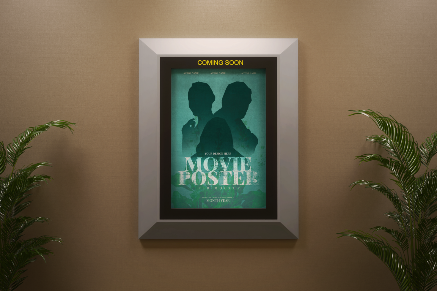 cinema film movie poster 27 x 40 inch size with frame hanging in wall realistic editable mockup template psd
