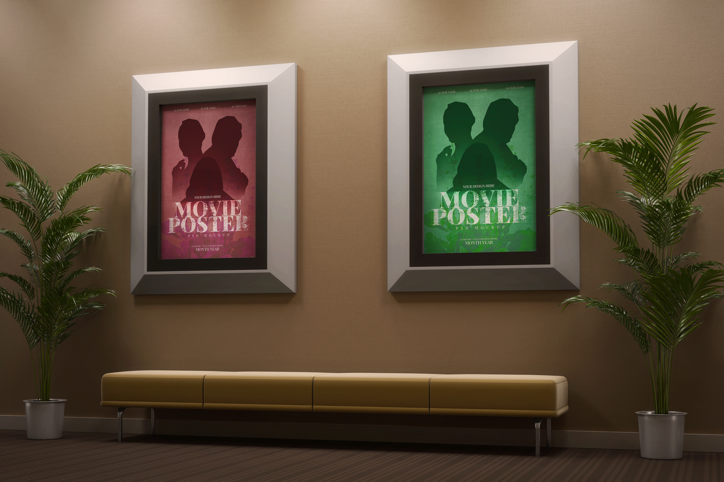 cinema film movie poster 27 x 40 inch size with frame hanging in wall realistic editable mockup template psd