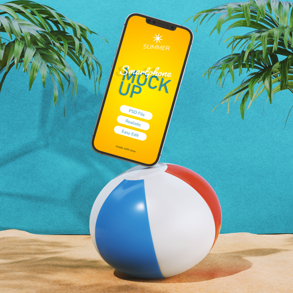 realistic mockup smartphone screen on beach with ball in sunny summer vacation theme scene front view psd