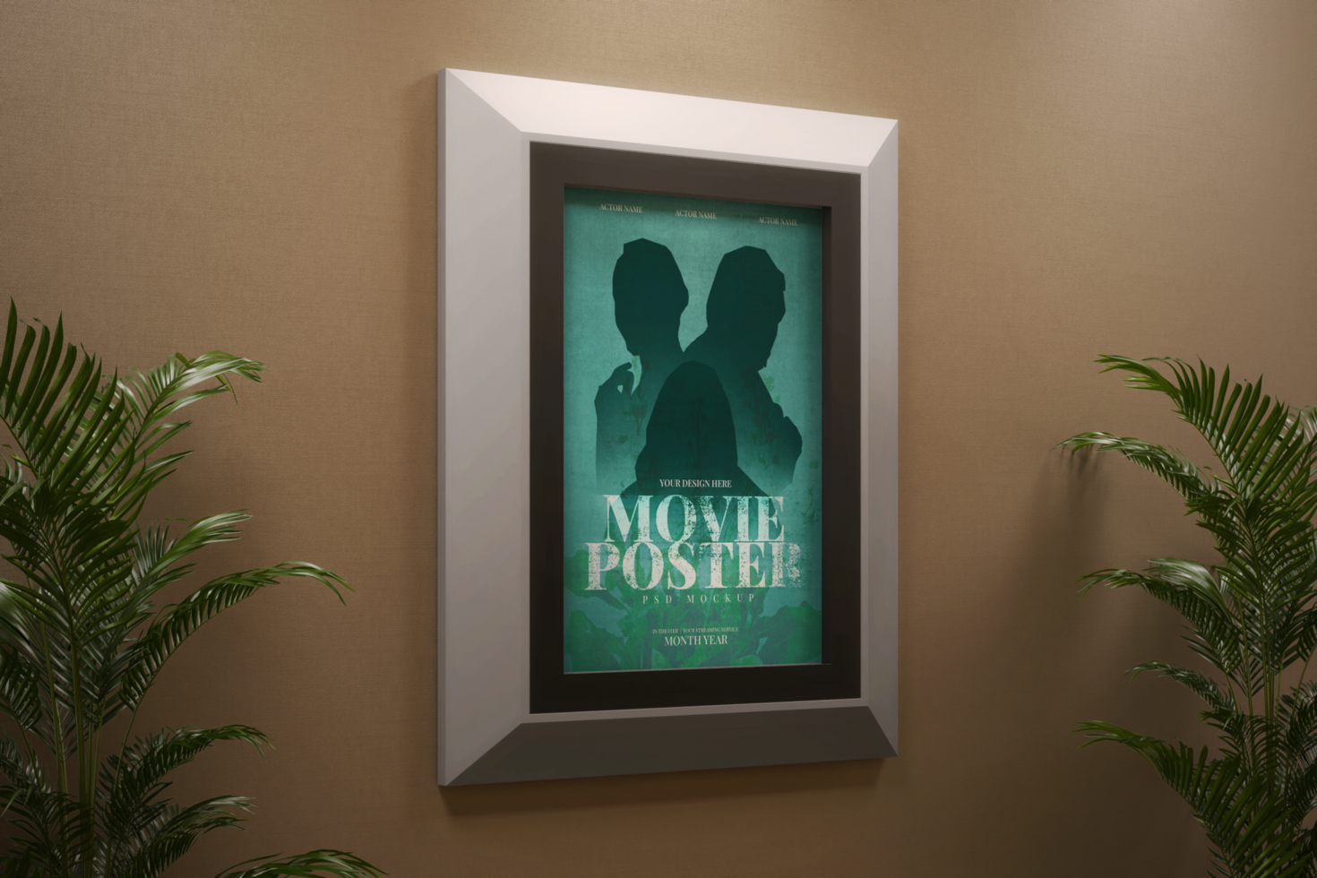 cinema film movie poster 27 x 40 inch size with frame hanging in wall realistic editable mockup template psd