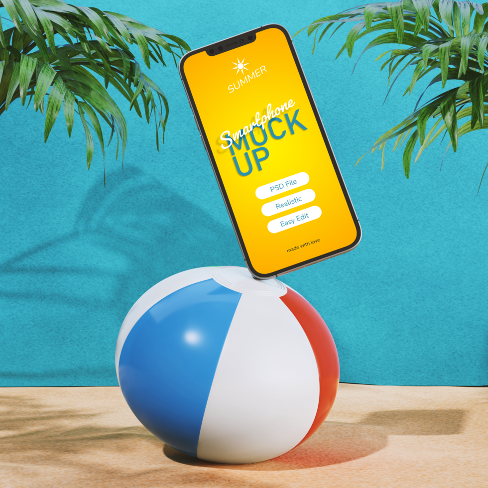 realistic mockup smartphone screen on beach with ball in sunny summer vacation theme scene front view psd