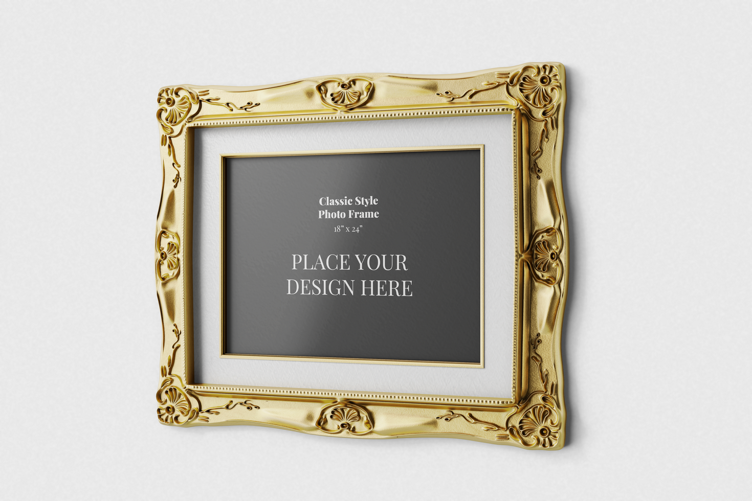 antique royal golden landscape wall frame realistic mockup with classic engraved ornate 18x24 inch 3d rendering illustration psd