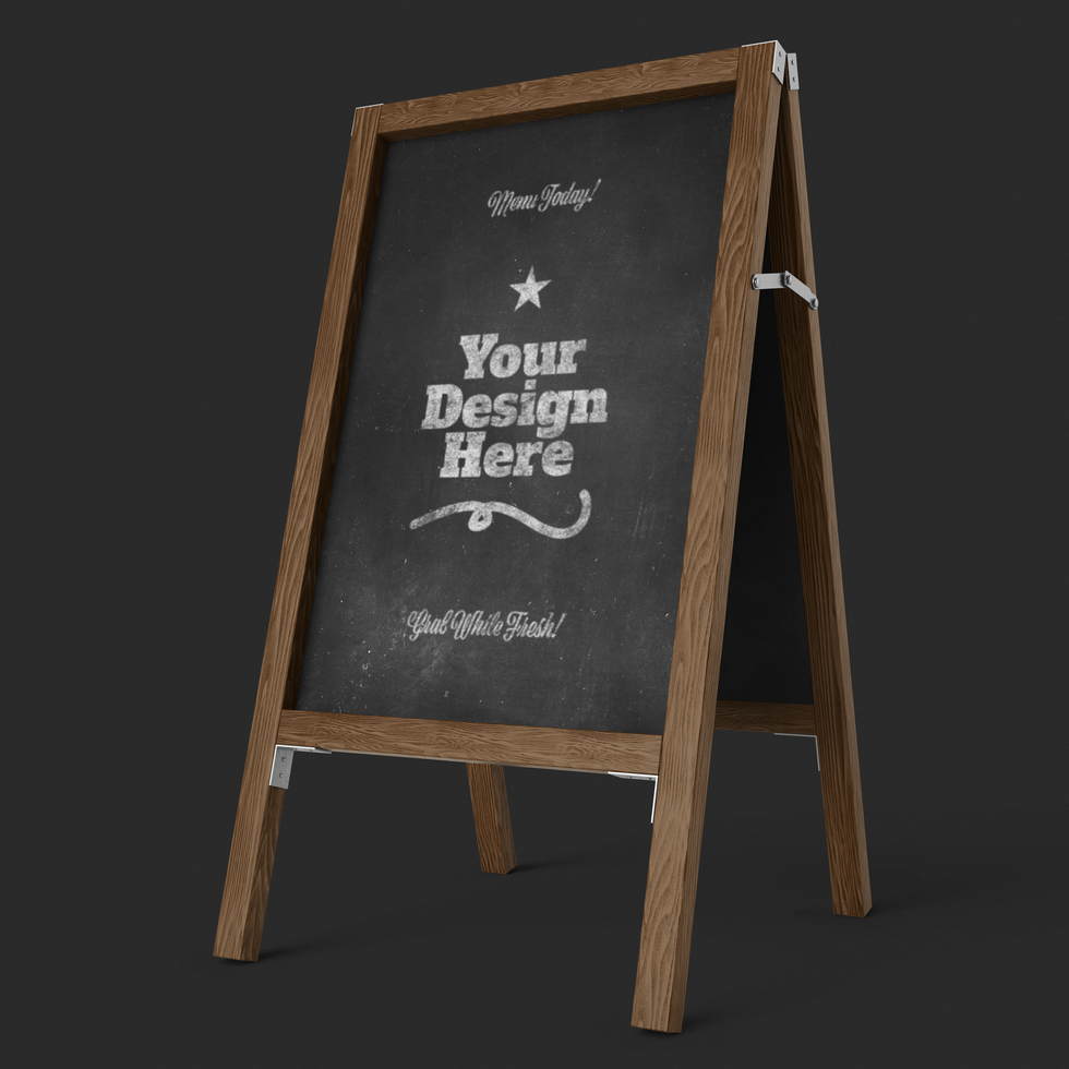 Standing coffee shop signage board with black chalkboard and easel wooden frame realistic psd mockup