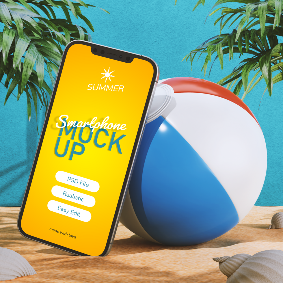 realistisch mockup smartphone scherm Aan strand met bal in zonnig zomer vakantie thema tafereel voorkant visie psd
