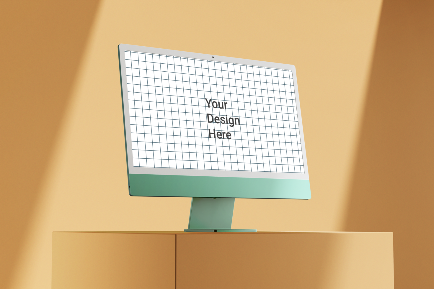 modern 24 inch digital screen display imac 2021 desktop computer editable mockup on podium composition psd