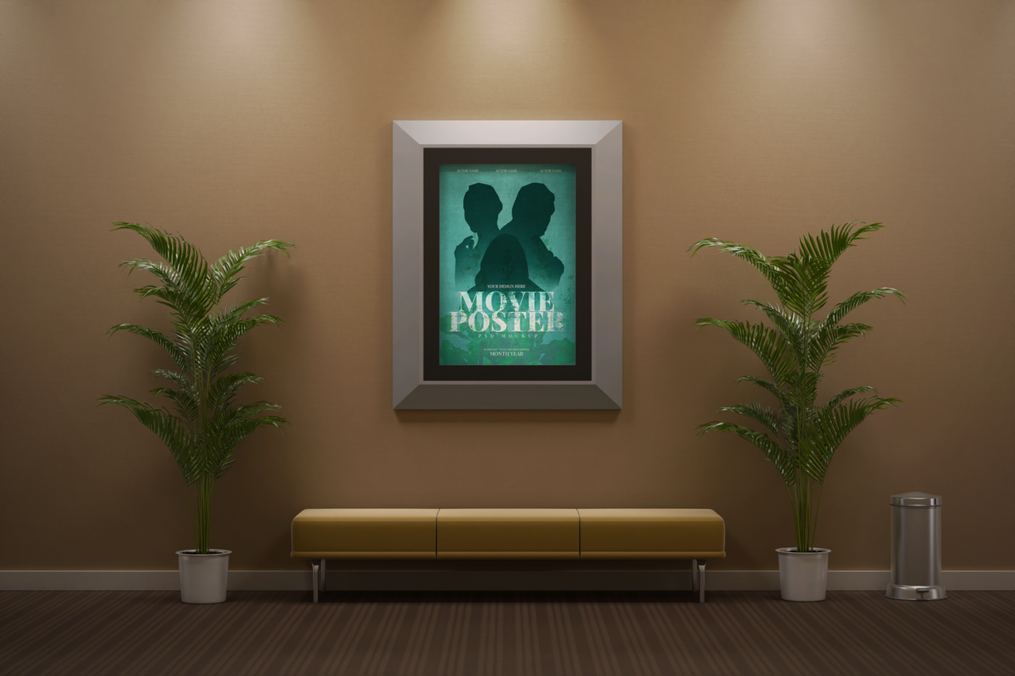 cinema film movie poster 27 x 40 inch size with frame hanging in wall realistic editable mockup template psd